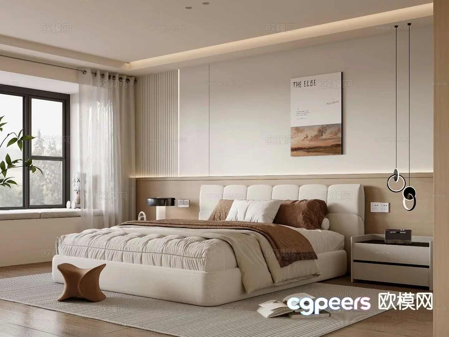 Cream style double bed 3d model