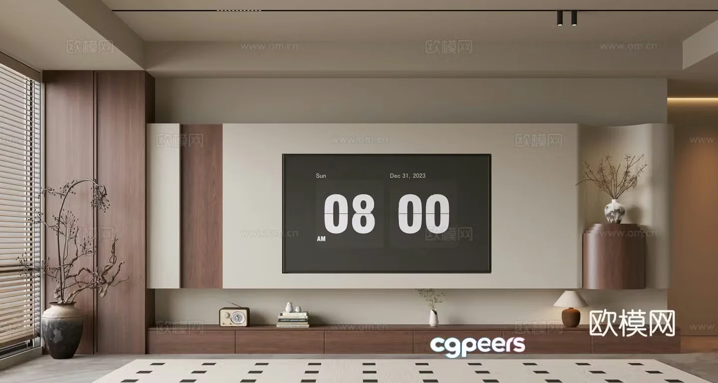 The ancient TV background wall of the TV cabinet and the background wall of the modern Wasabi style living room The ancient style 3D model