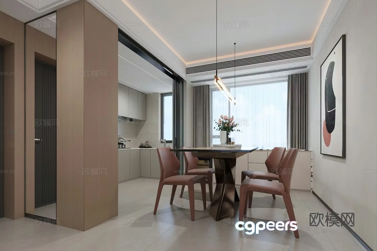 Modern restaurant dining table leather dining chair hanging painting restaurant chandeliers 3d model