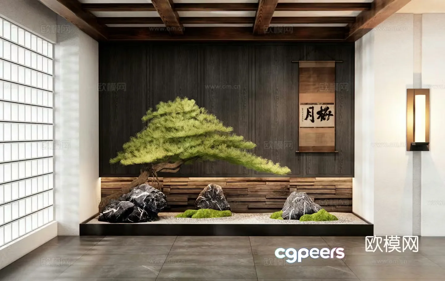 New Chinese style interior landscape courtyard sketch landscape stone moss landscape pine dry landscape 3D model