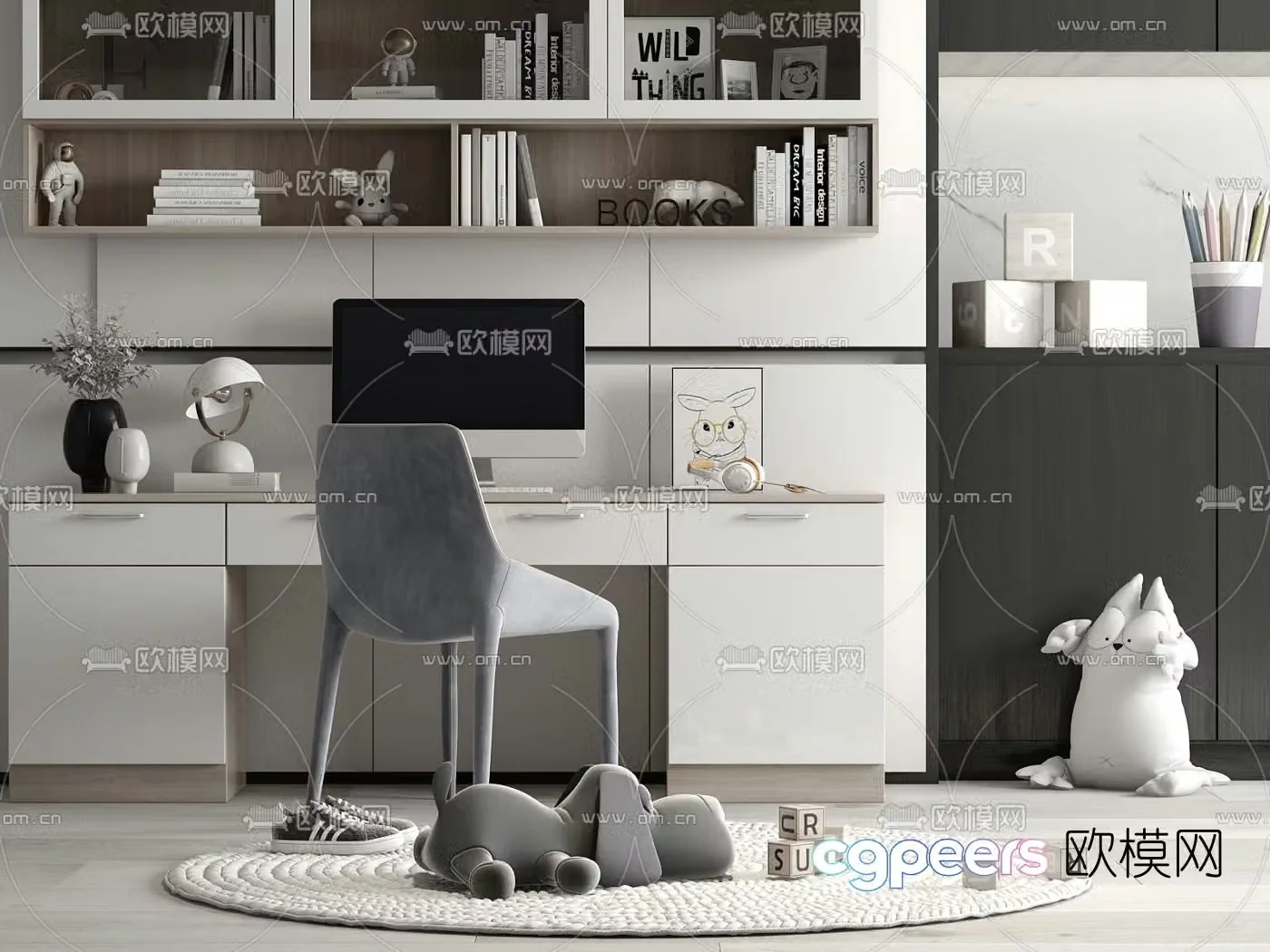Modern children’s bookcase desk chair 3d model