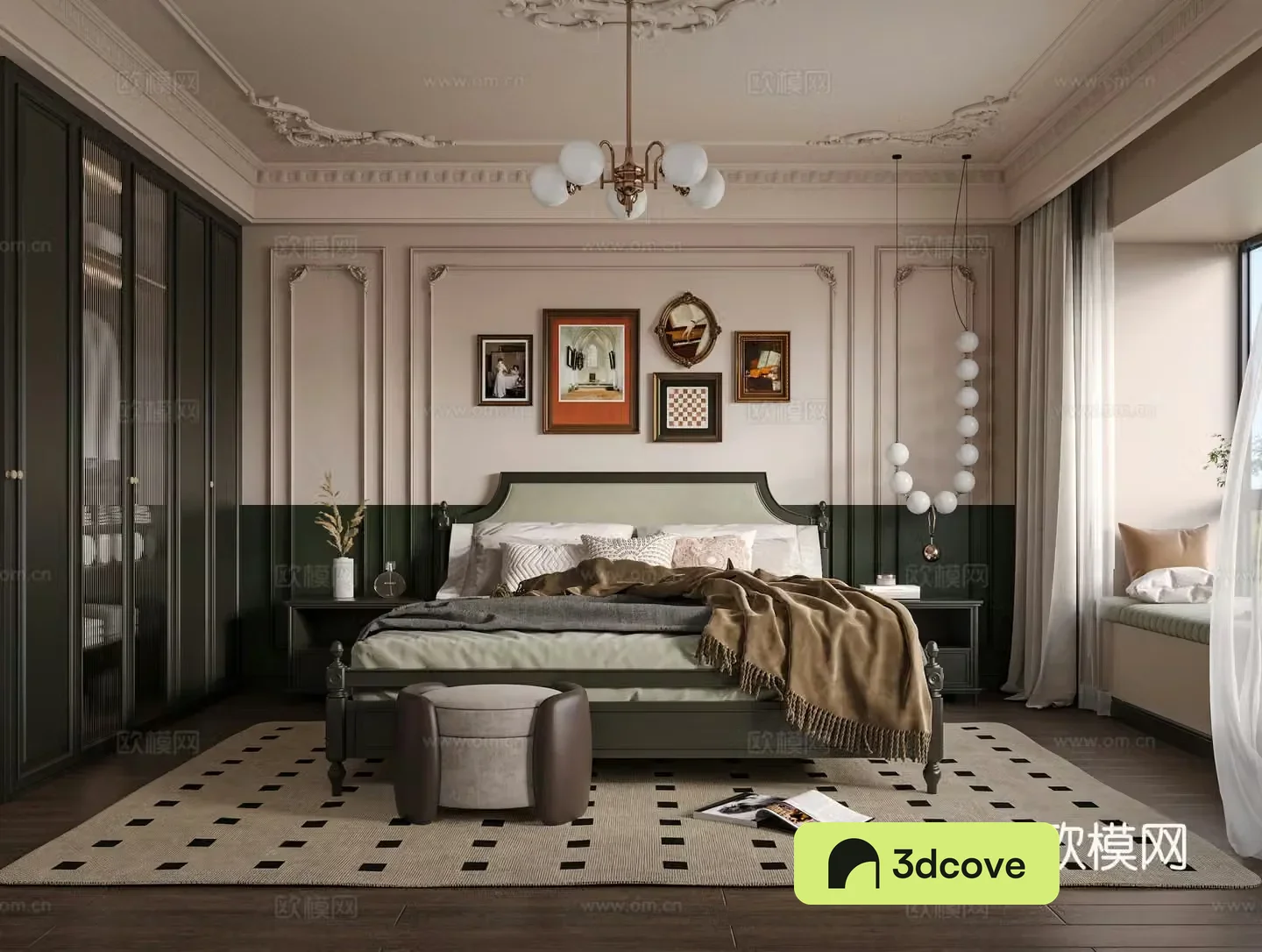 French bedroom Master bedroom Double bed Wardrobe Bedside table Carpet Hanging paintings Jewelry