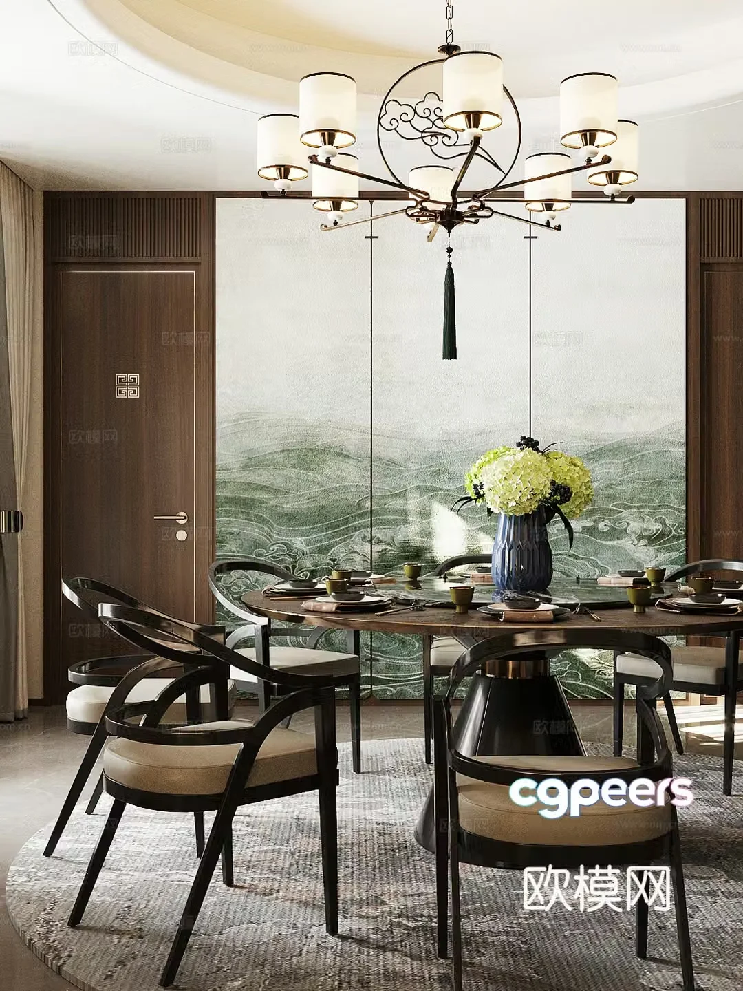 New Chinese restaurant private room restaurant private room dining table and chair combination chandeliers combination tableware combination 3D model