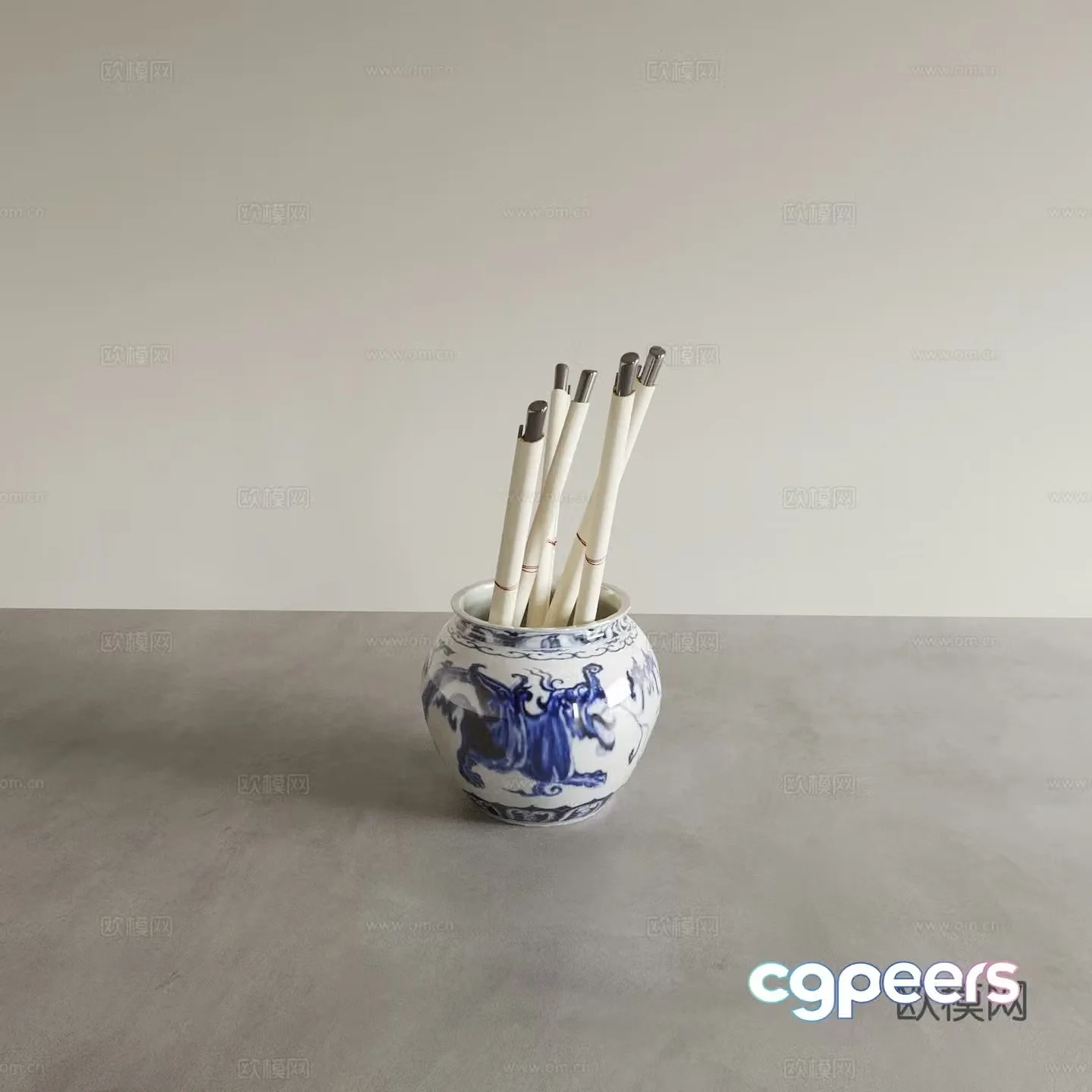 Chinese utensils ceramics paintings blue and white porcelain study ornaments 3D model