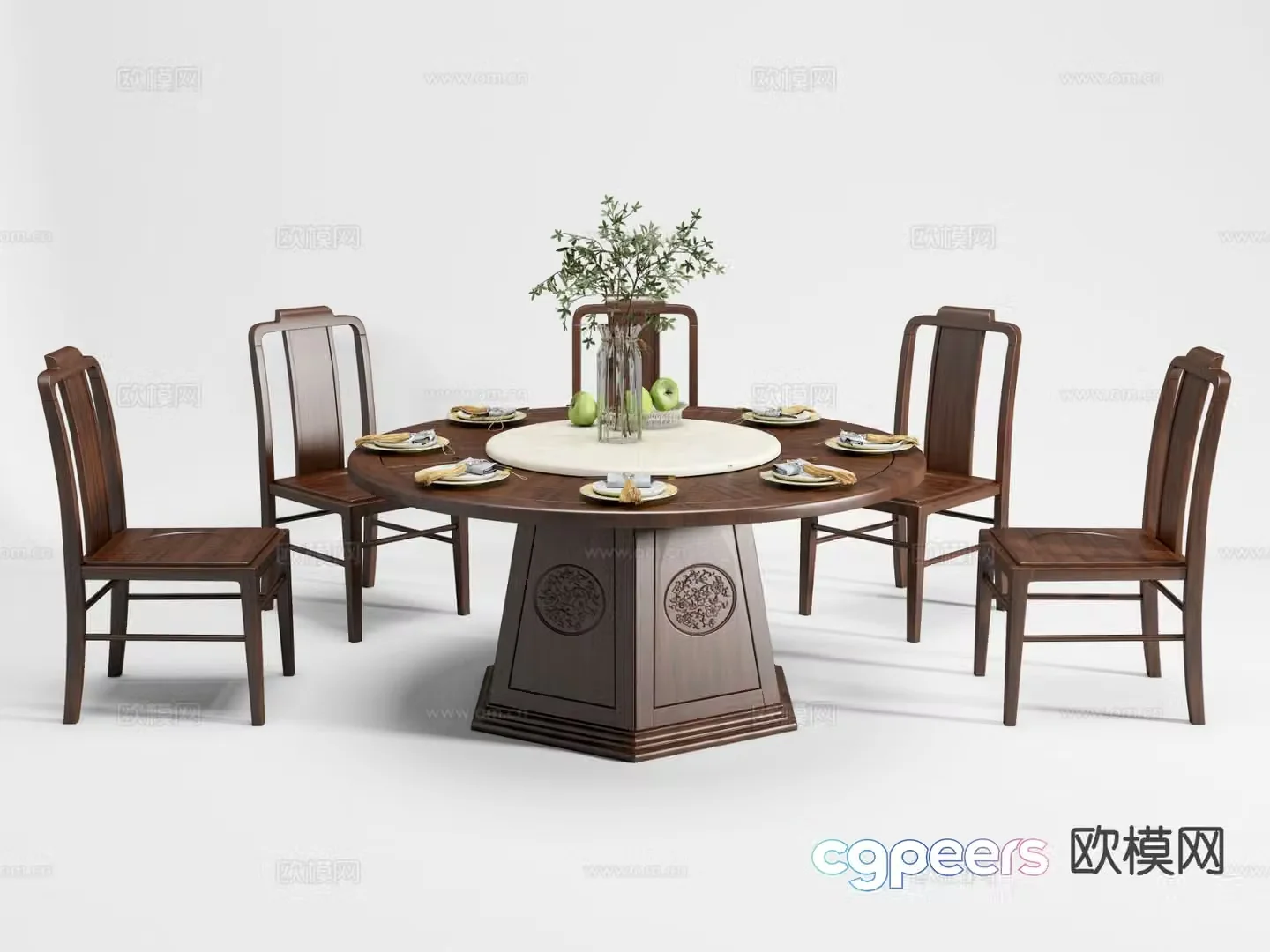 New Chinese style dining table and chairs round dining table 3d model