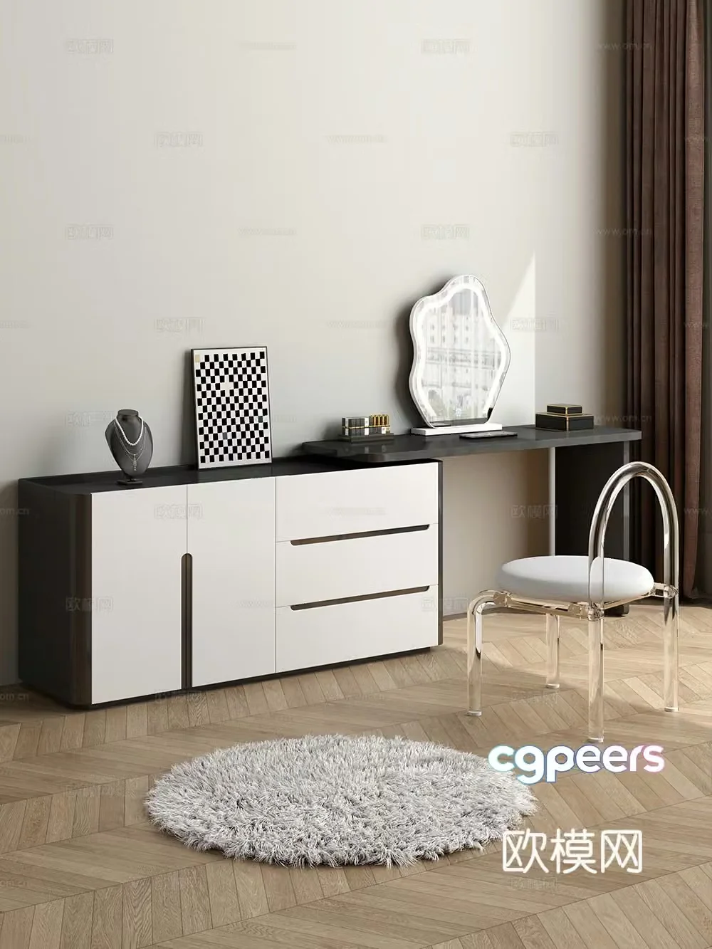 Modern style dressing table makeup stool combination dressing table makeup stool mirror decoration hanging painting 3D model