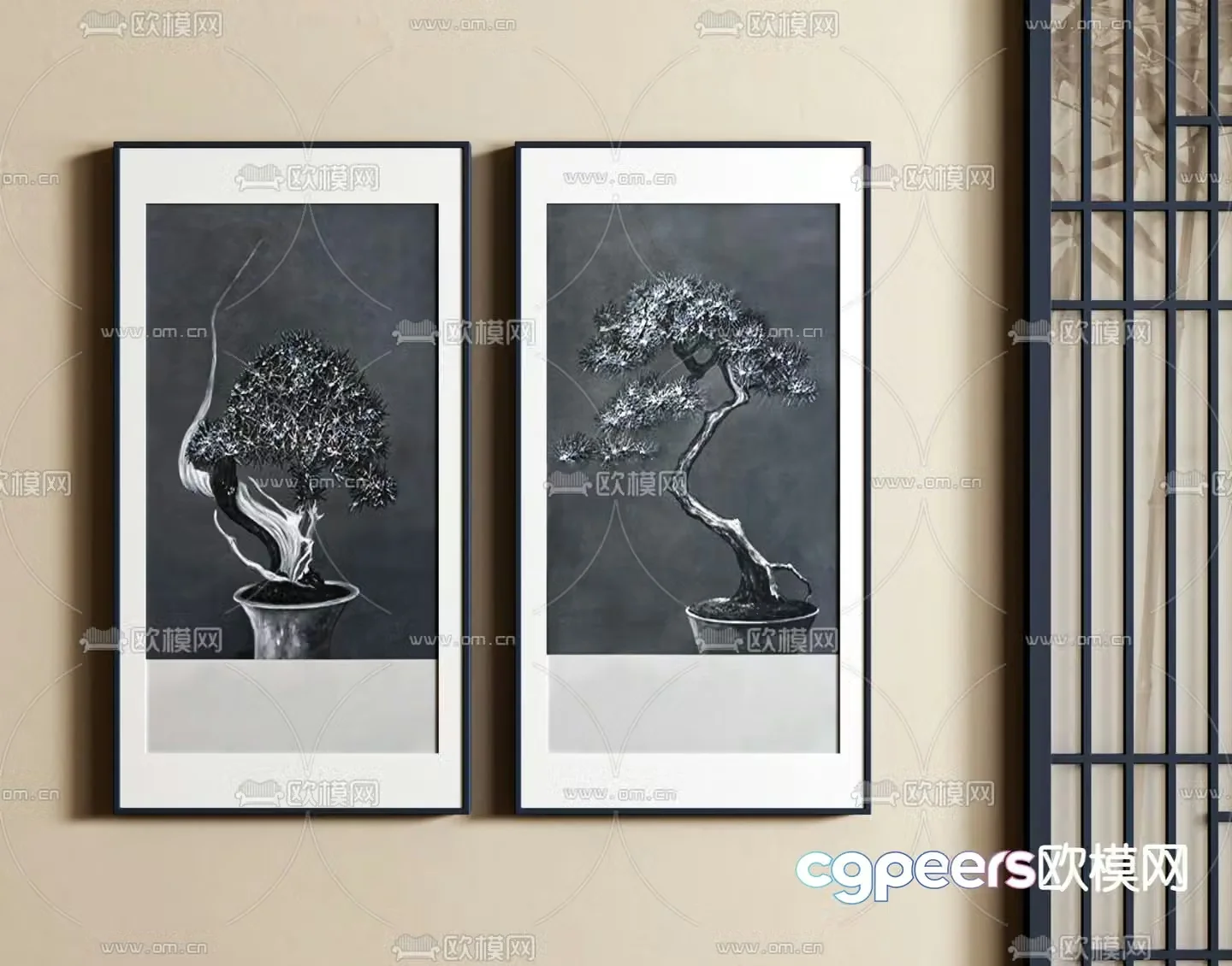 New Chinese style plant painting black and white painting pine tree hanging painting 3D model