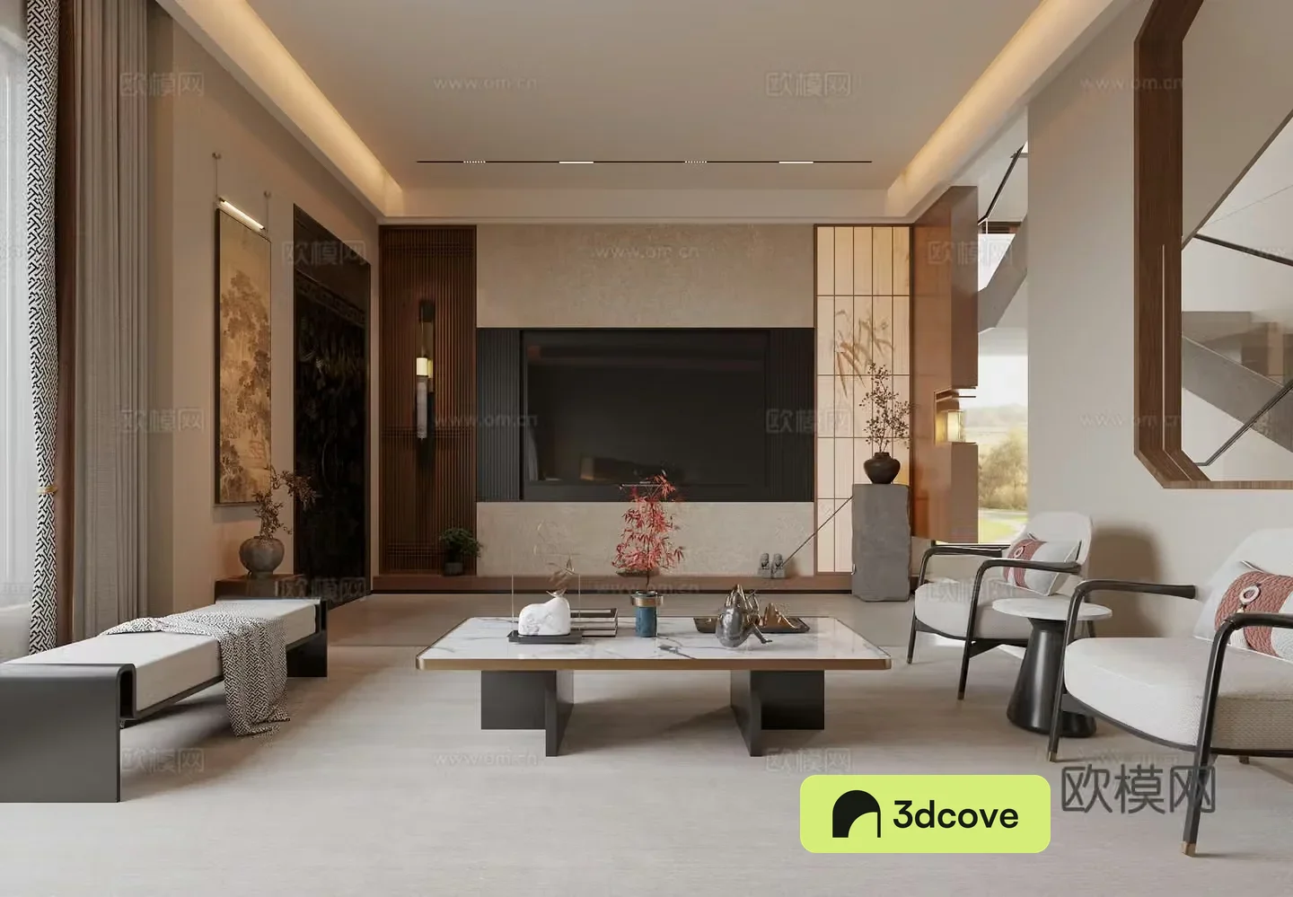 Song Family Villa Living Room TV Background Sofa Coffee Table Combination Hanging Painting Sofa Background Porch Chandelier Hanging Painting Curtains