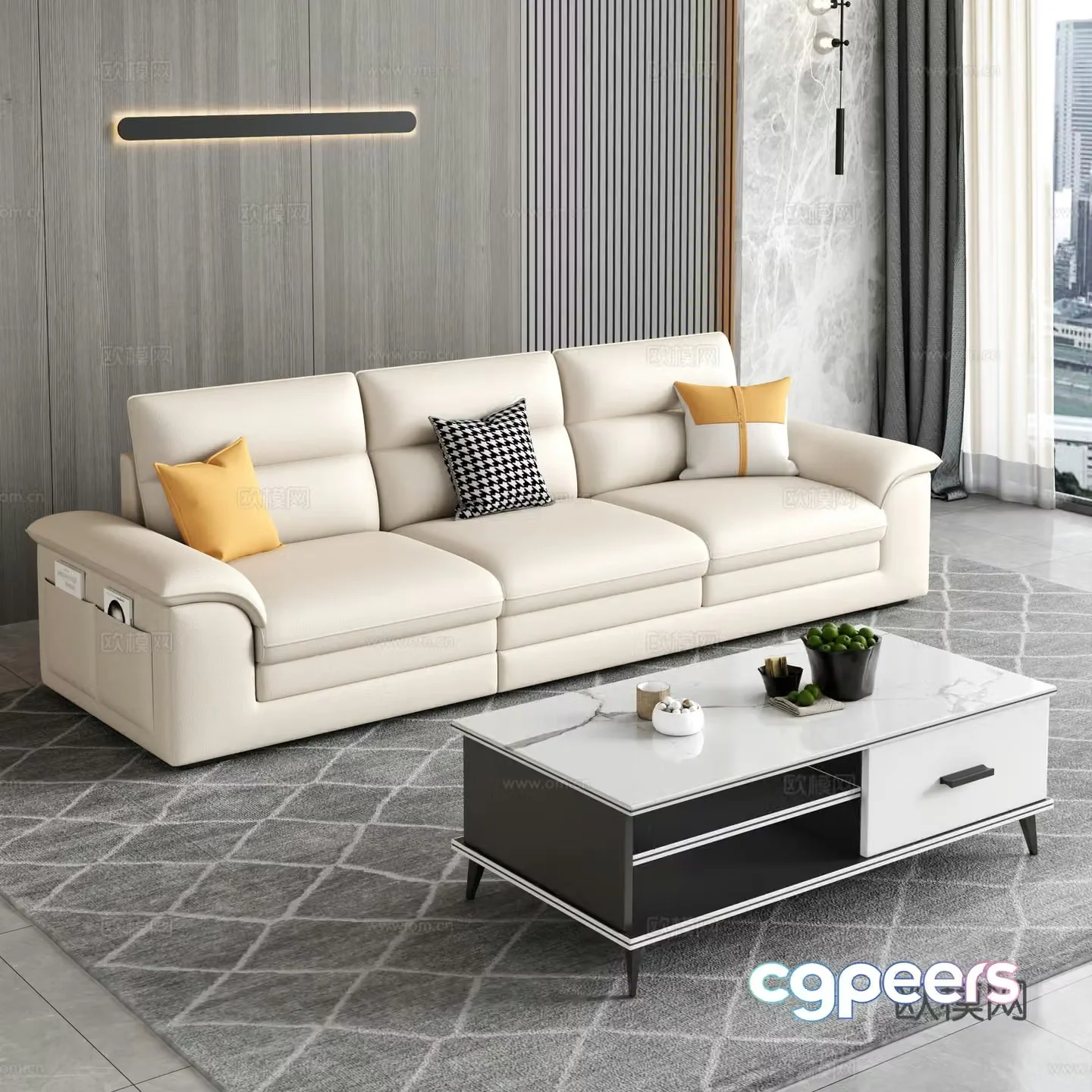 Creamy living room modern simple home living room sofa coffee table combination fabric sofa storage cabinet 3d model