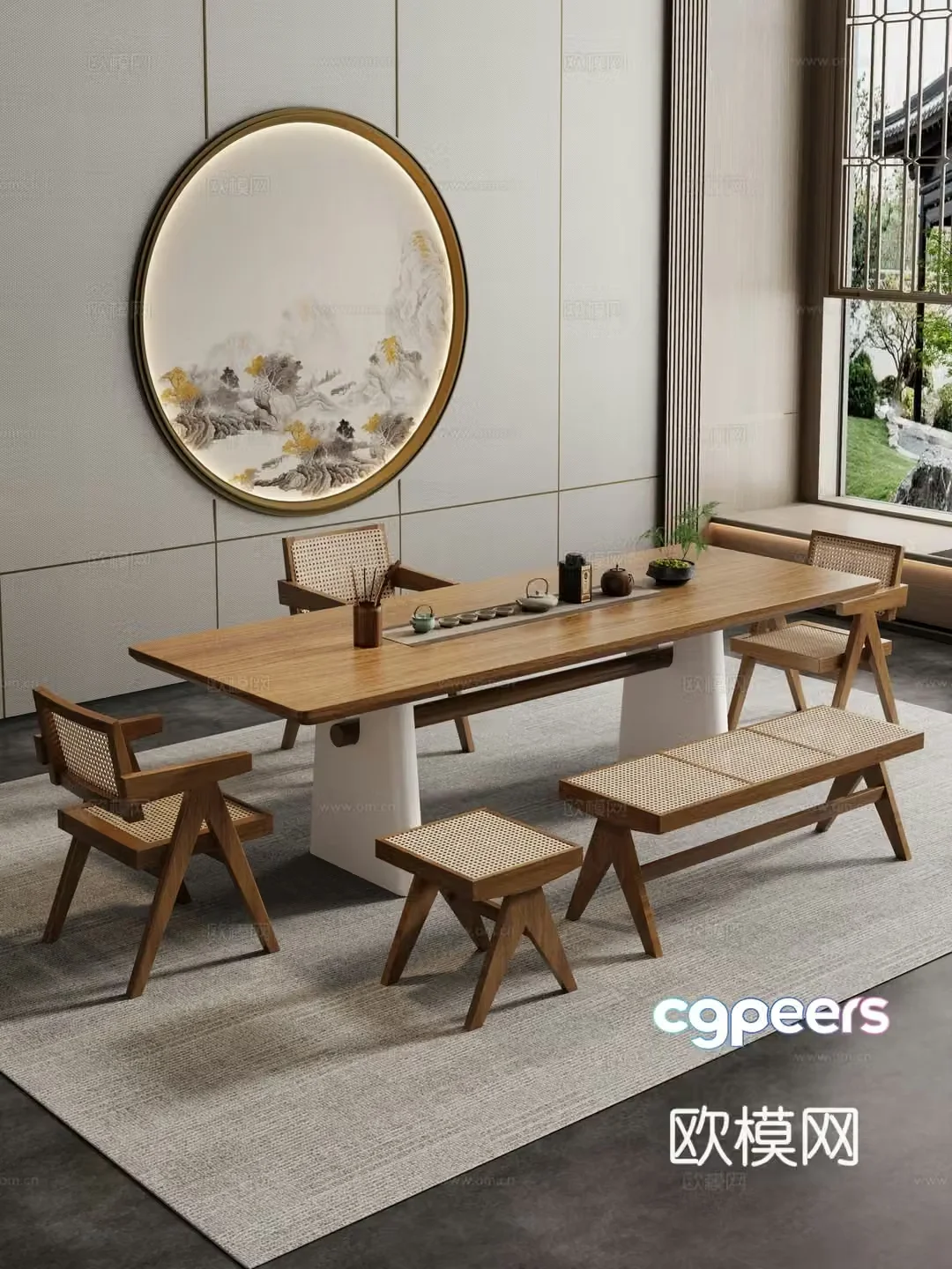 Creamy large plate table tea table and chair combination tea table tea table tea room tea table balcony tea table 3D model