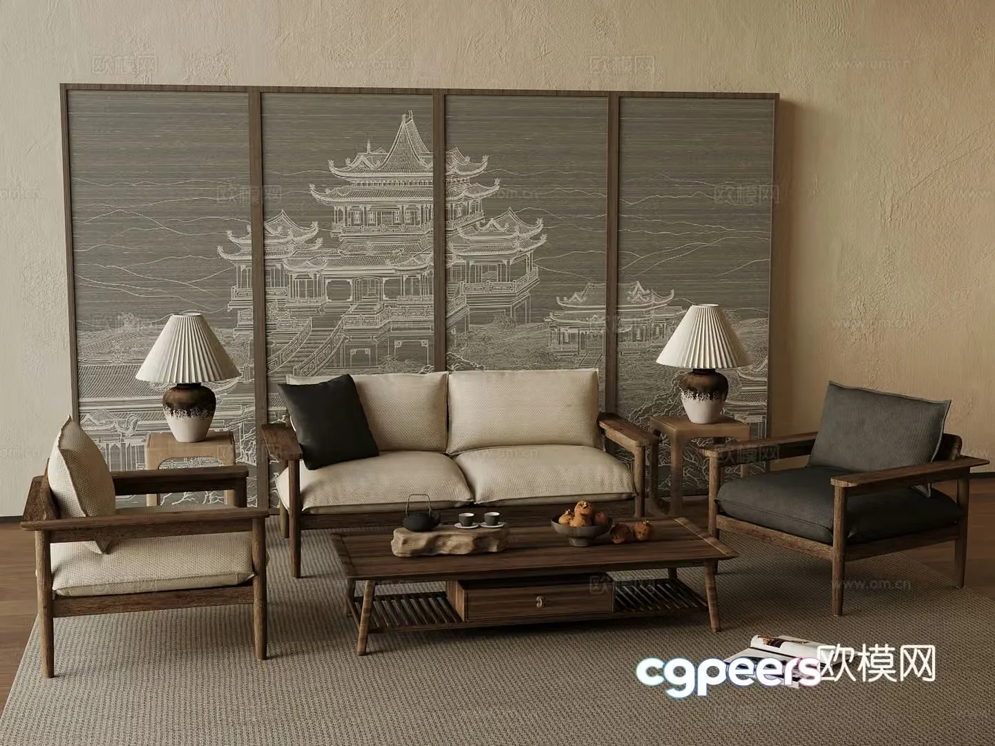 New Chinese sofa casual table and chairs screen 3d model