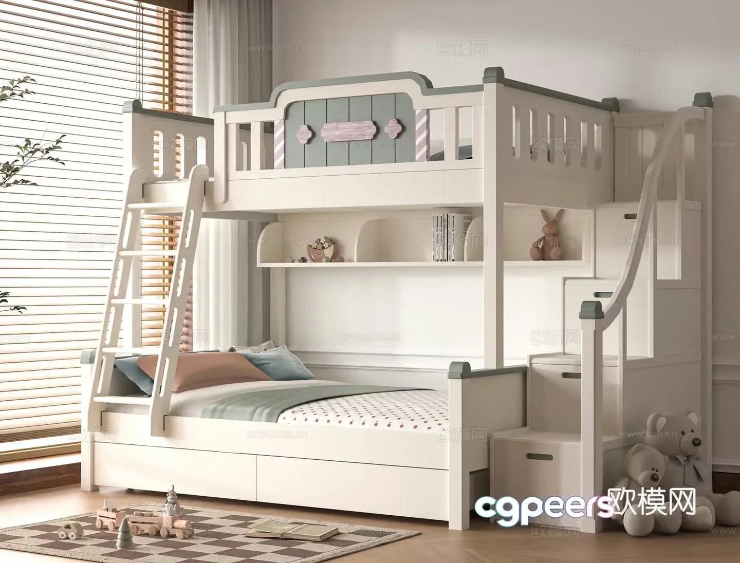 Modern children getting on and off the bed 3d model