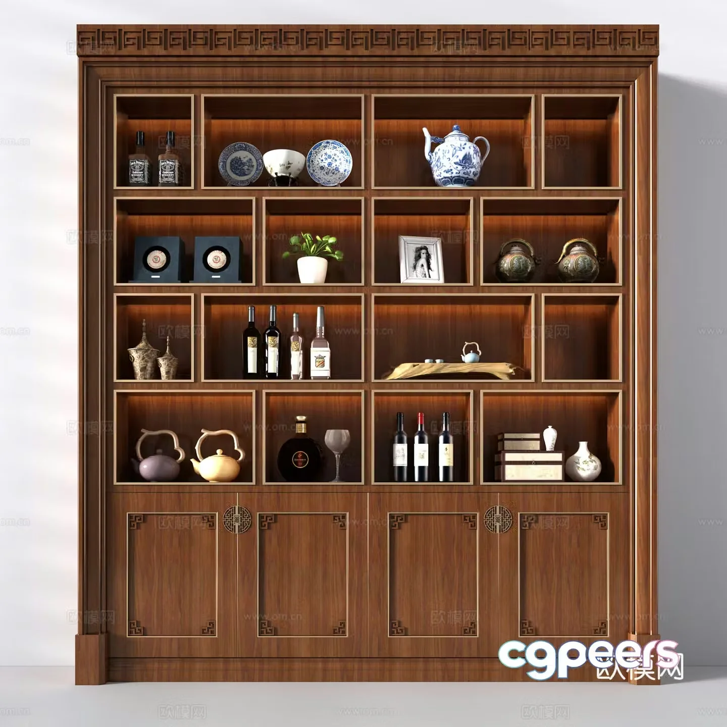 New Chinese wine cabinet tea set tea cake red wine bottle Chinese ornament 3D model