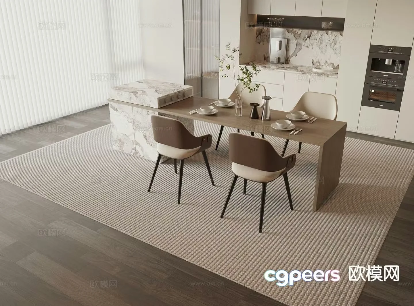 Modern island table dining table and chairs 3d model