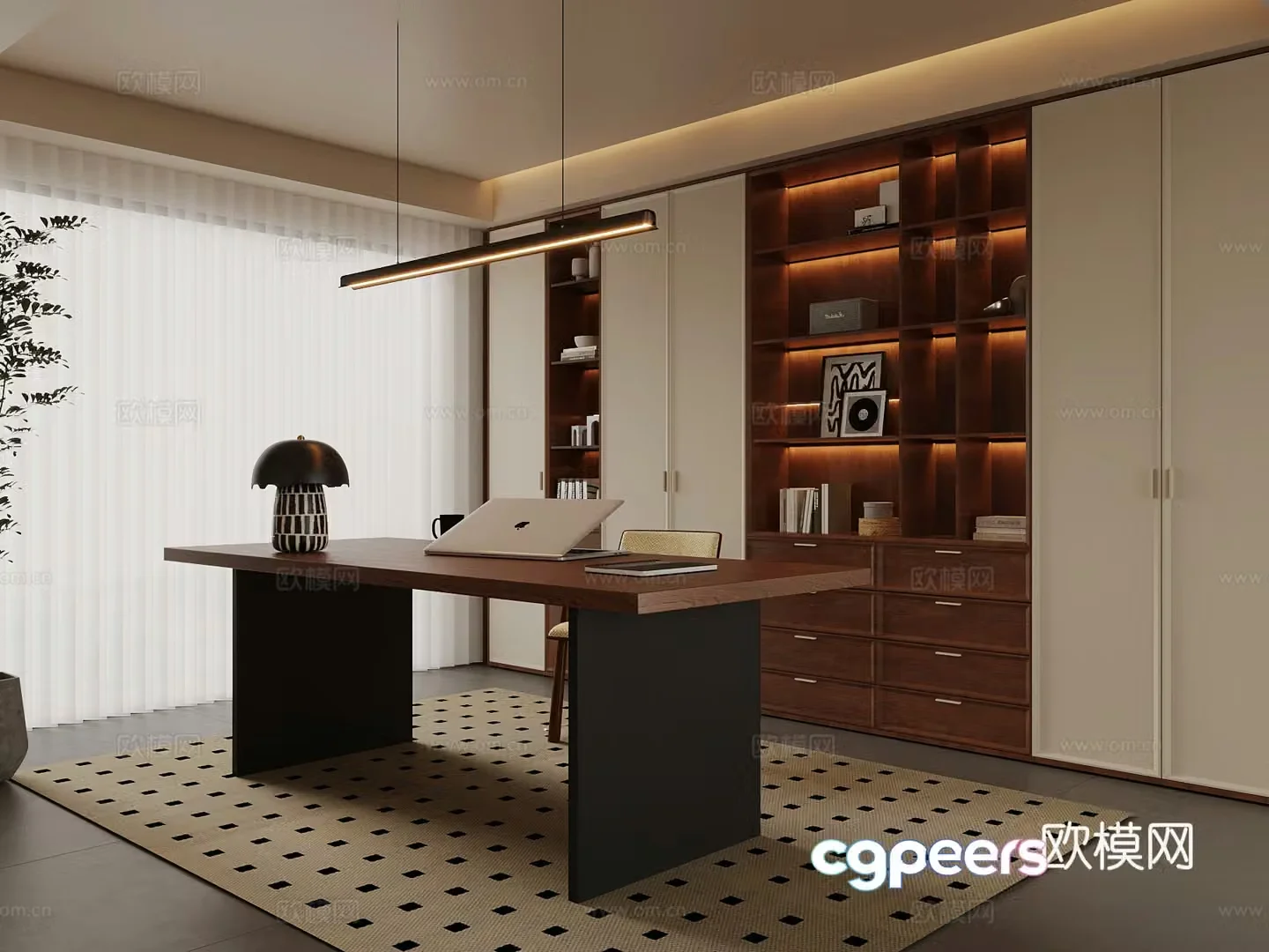 Middle-aged study bookcase desk and chair 3D model