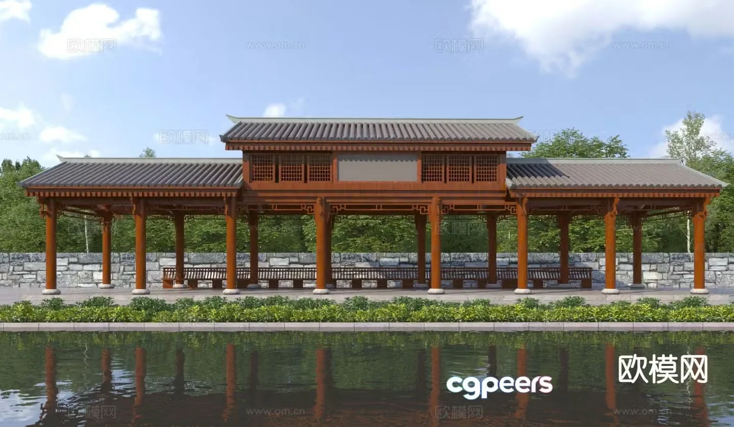 Chinese style landscape pavilion gallery 3D model