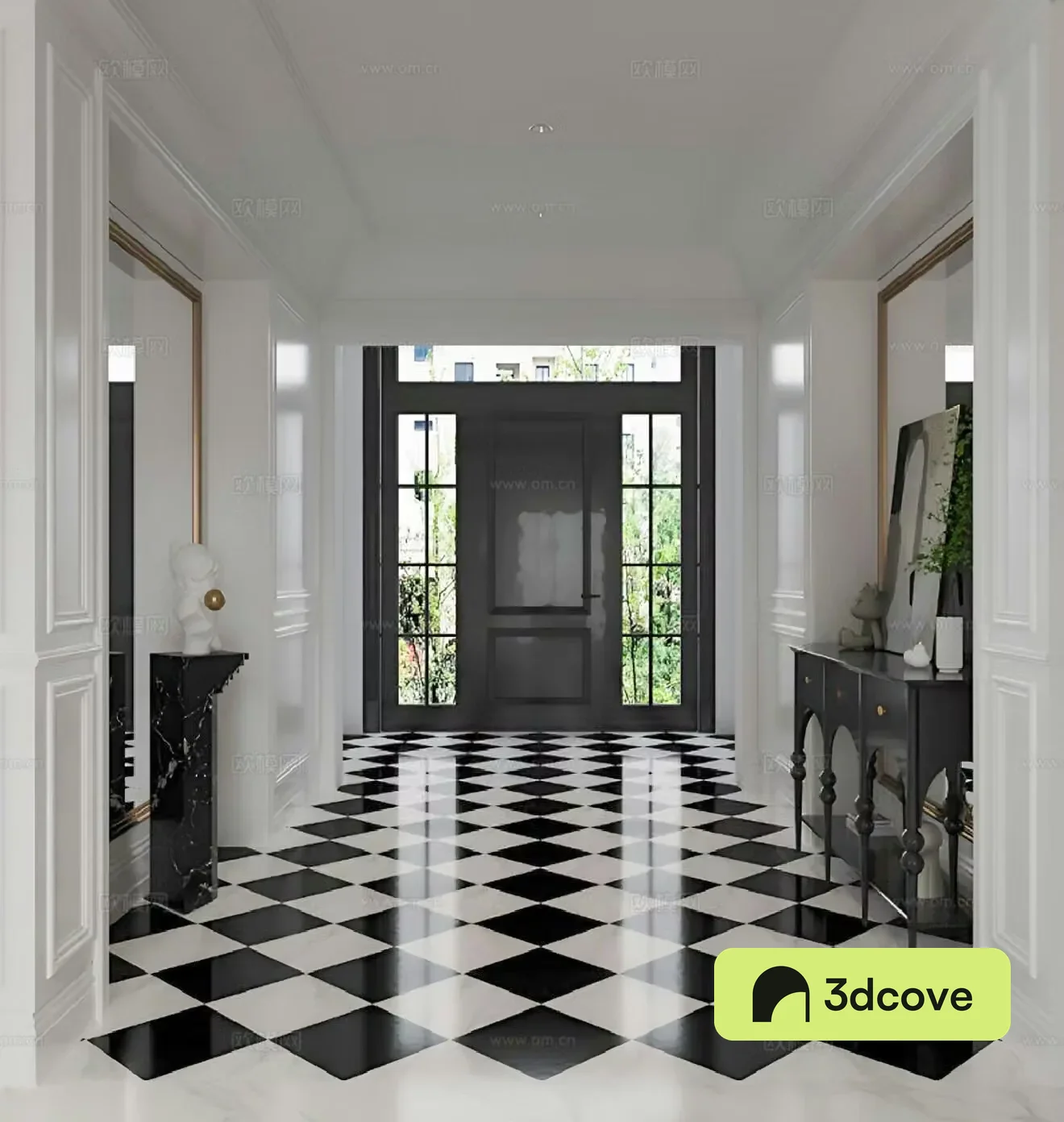 French entrance hall black and white parquet floor tiles