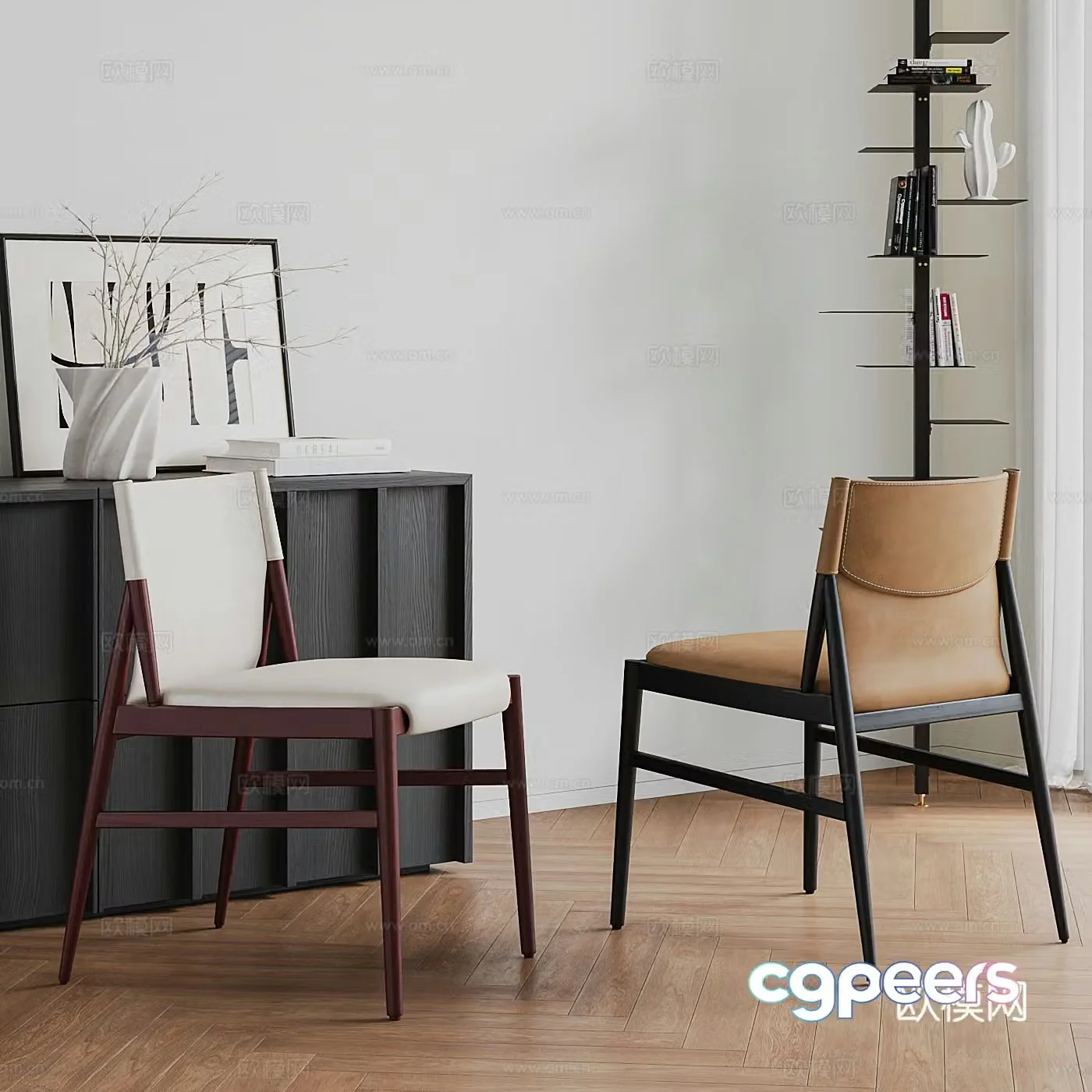 Medium style single chair combination Italian single chair combination Smoked oak leather side cabinet 3D model