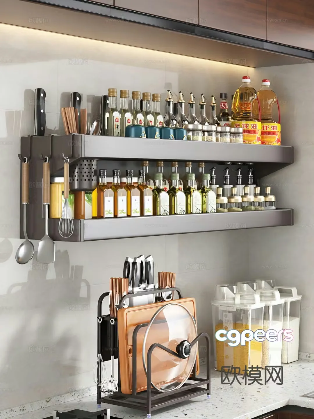 Kitchen supplies Cabinets Kitchen supplies Rice bucket Knife holder Oil seasonings Spoons and chopsticks 3d model