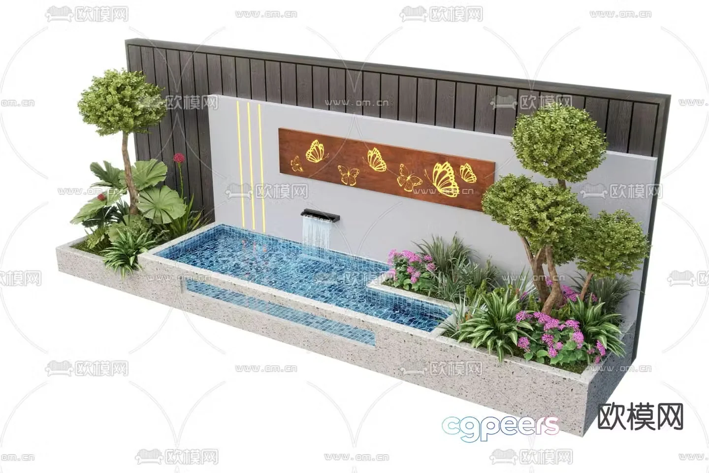 Modern water feature wall fountain pool sketch 3d model