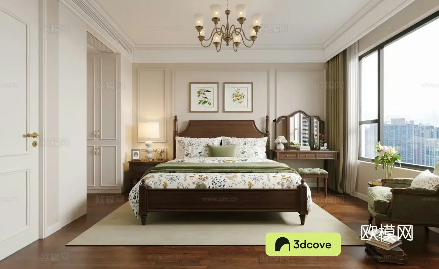 Middle style home bedroom Middle style elder room Second bedroom Middle style bedroom bed bed nightstand 3D model