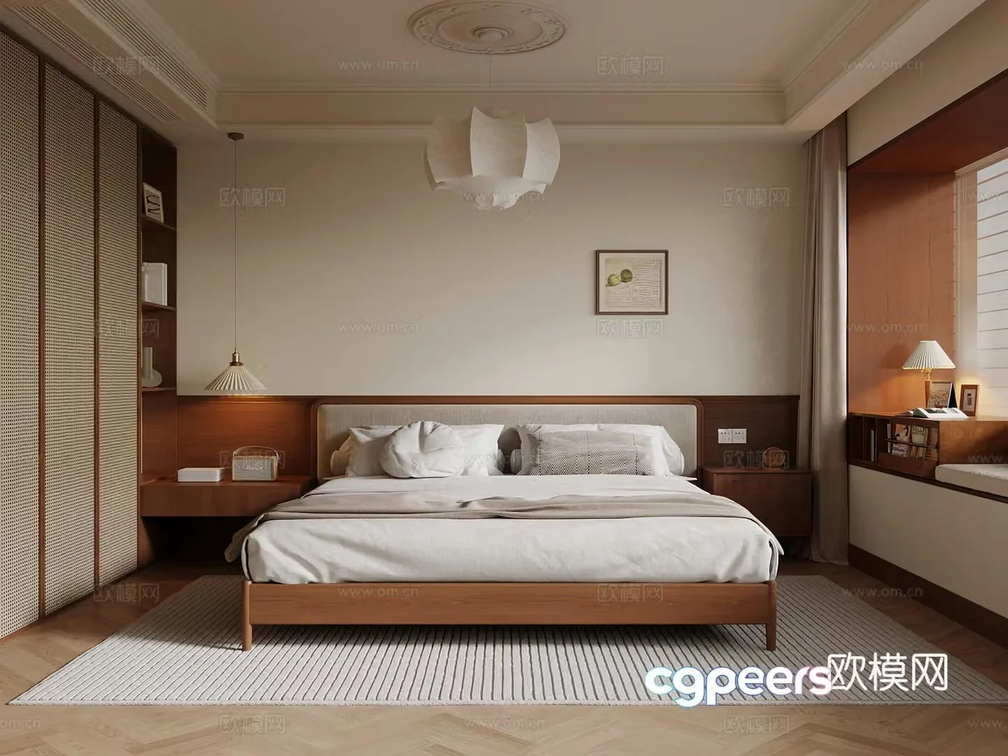 Middle style bedroom double bed wardrobe 3d model