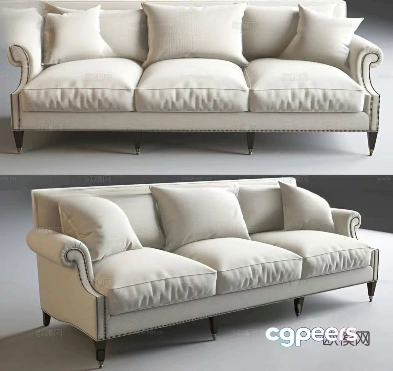 Simple European three-person sofa straight-row sofa 3D model