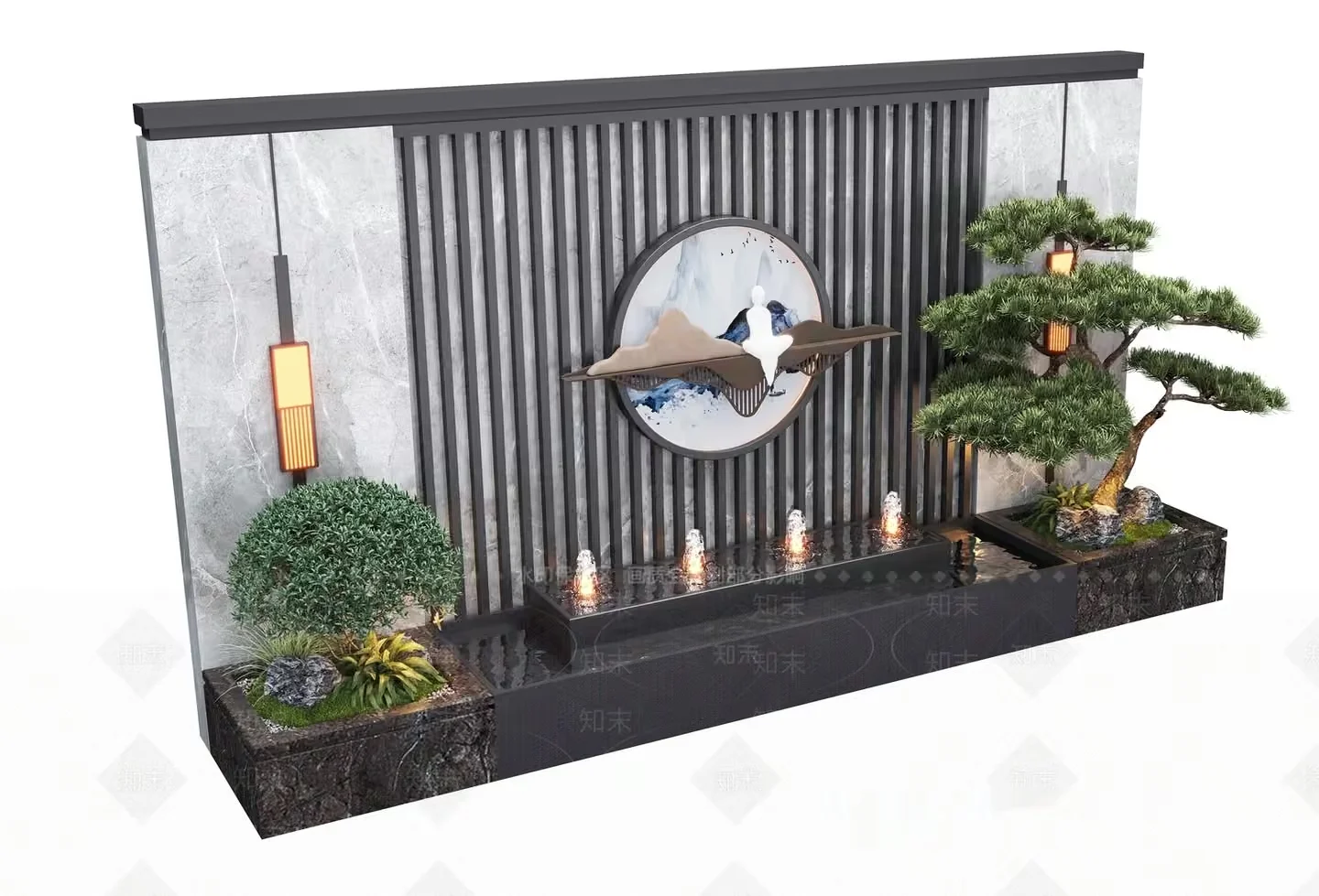 Modern Asian-Inspired Wall Fountain 3D Model – 8877 – VRAY Render