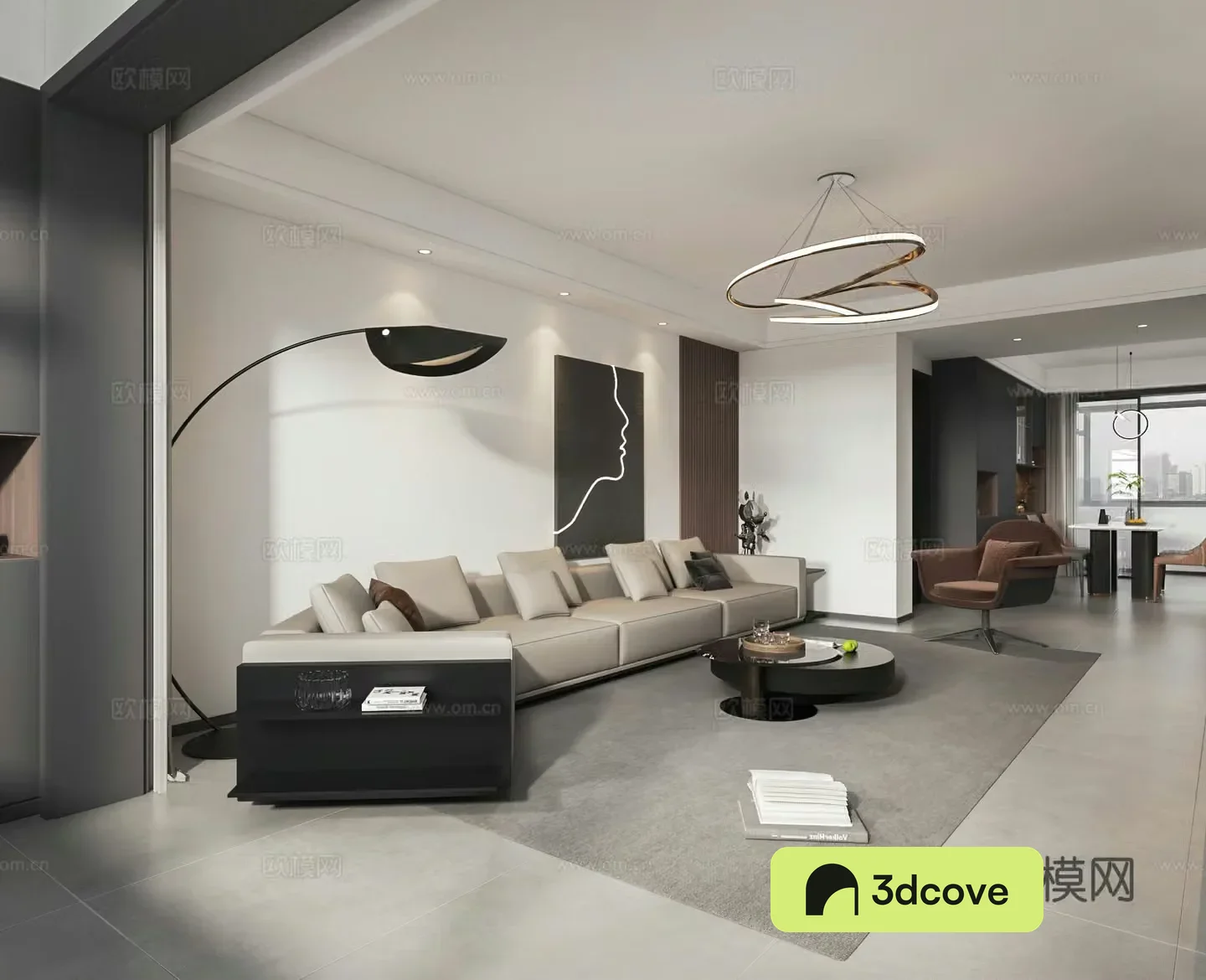 Modern black white and gray living room open kitchen wine cabinet