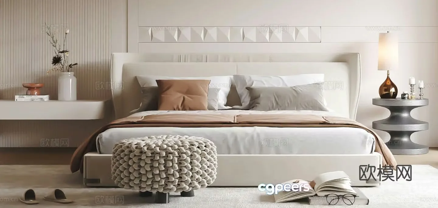 Cream style double bed 3d model
