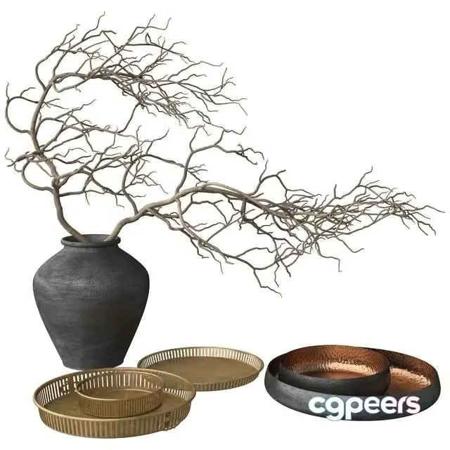 3ds Max Free – Rustic Set – Vase, Branch, Copper Bowl and Brass Tray