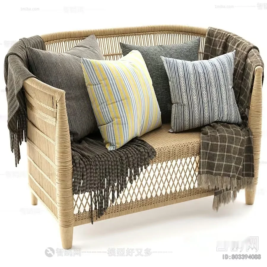 A Wicker Loveseat With Throw Pillows 3D Model – 9751 – VRAY Render
