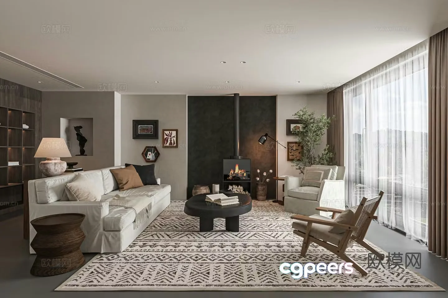 Wasabi Mixed Living Room Fabric Sofa Rattan Chair Living Room Without Lights Real Fireplace 3D Model