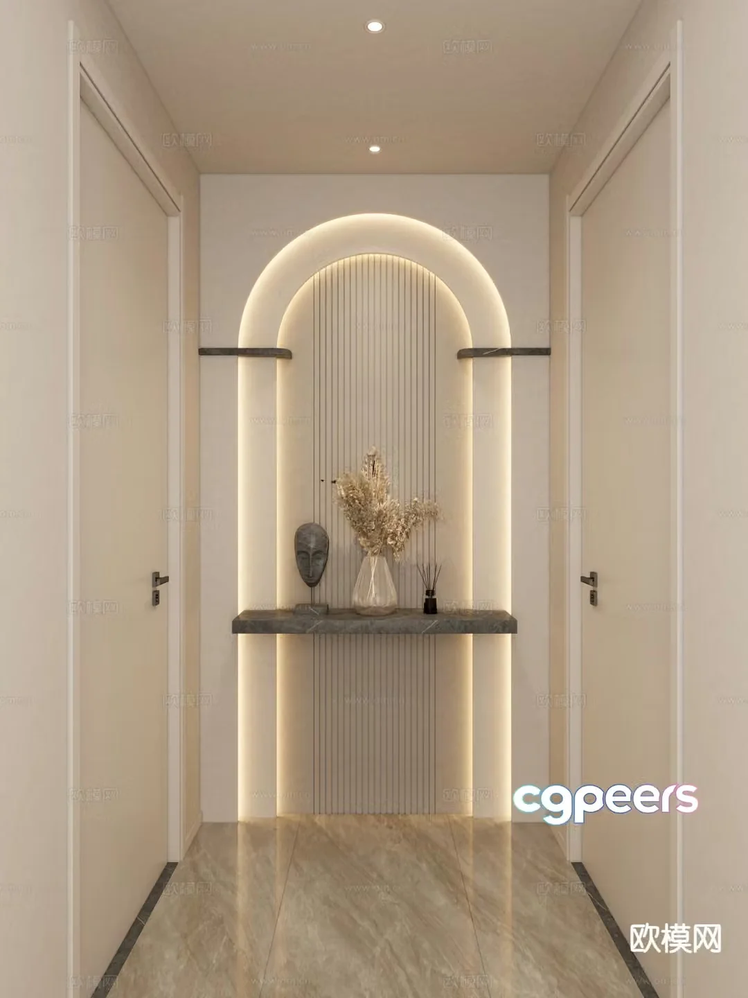 Cream style entrance aisle corridor end view 3d model