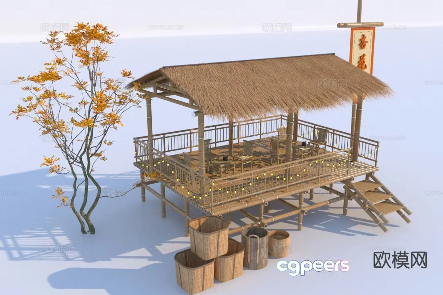 New Chinese style rural station rural landscape gallery 3D model
