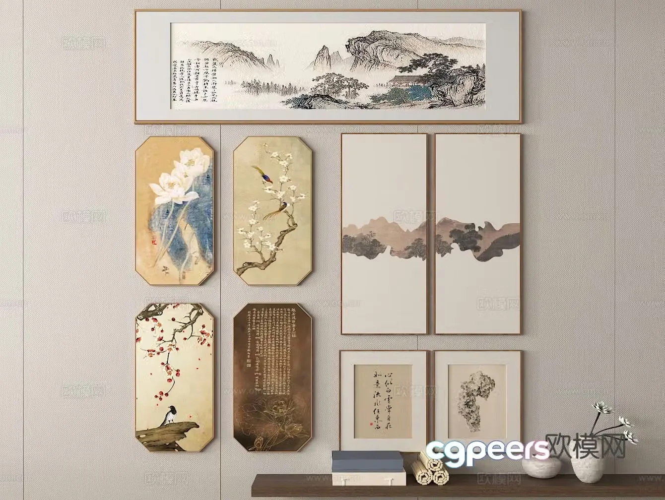 Chinese ink painting hanging painting combination frame painting landscape painting 3d model