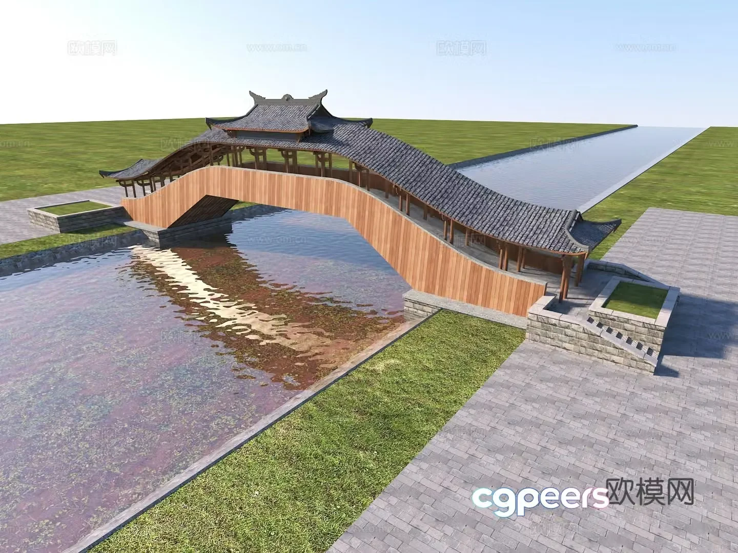 Chinese style cover bridge Small cover bridge 3D model
