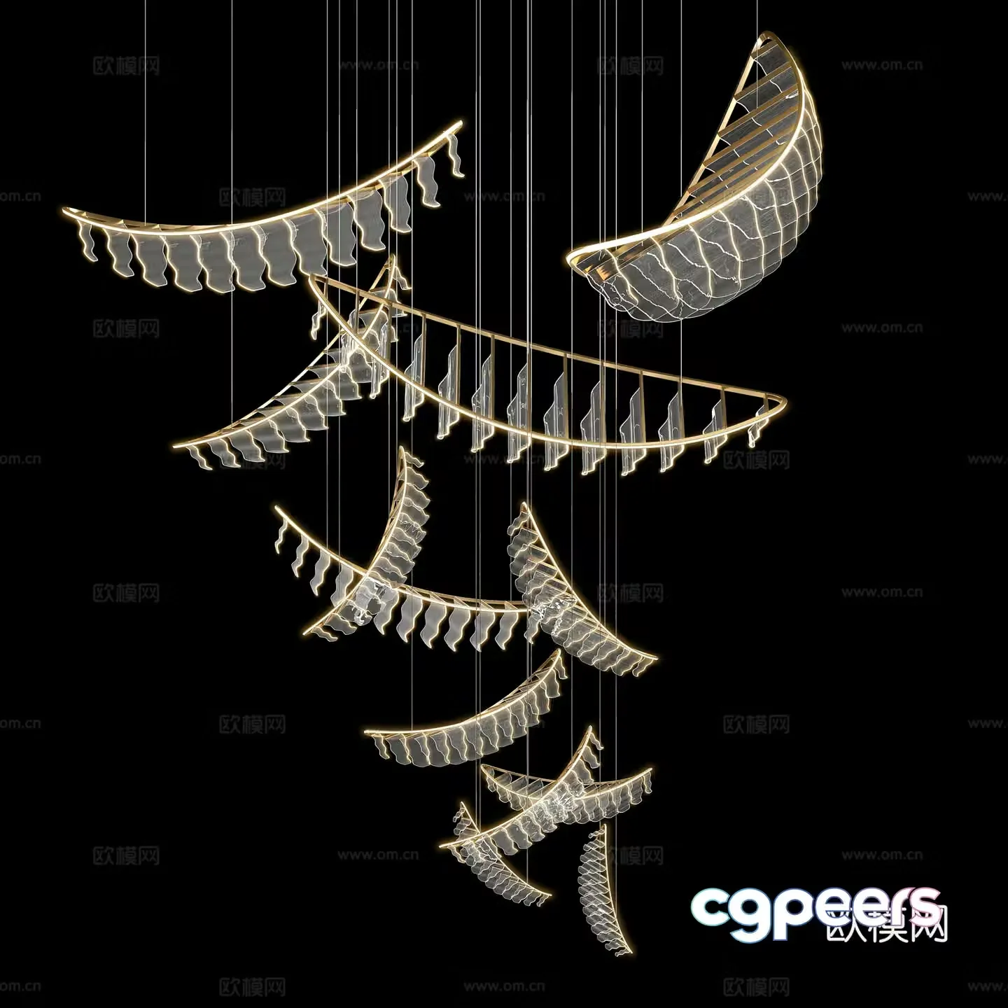 Beautiful crescent-shaped boat-shaped metal crystal art chandeliers group 3D model