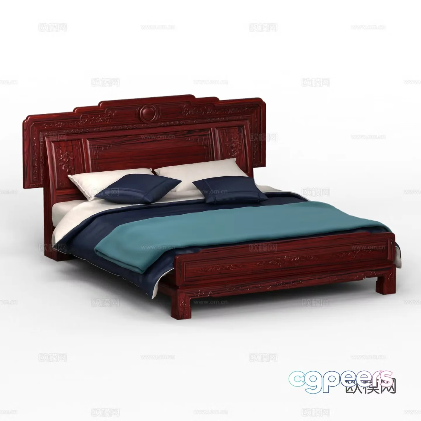 Chinese double bed carved bed head solid wood mahogany 3D model