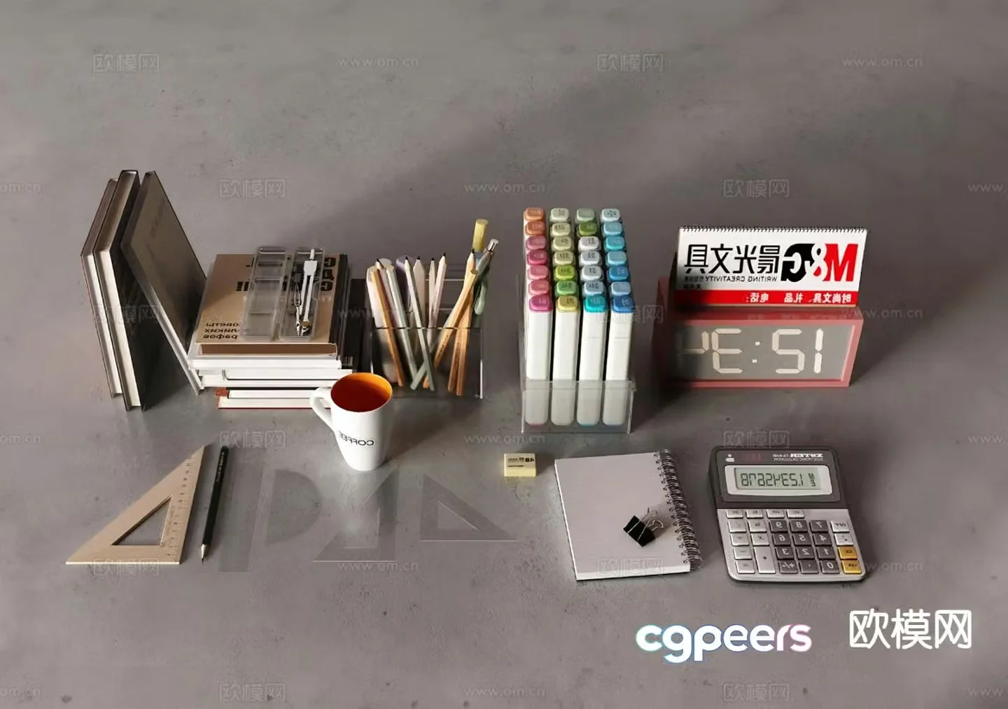 Office supplies stationery brush pencil notebook 3d model