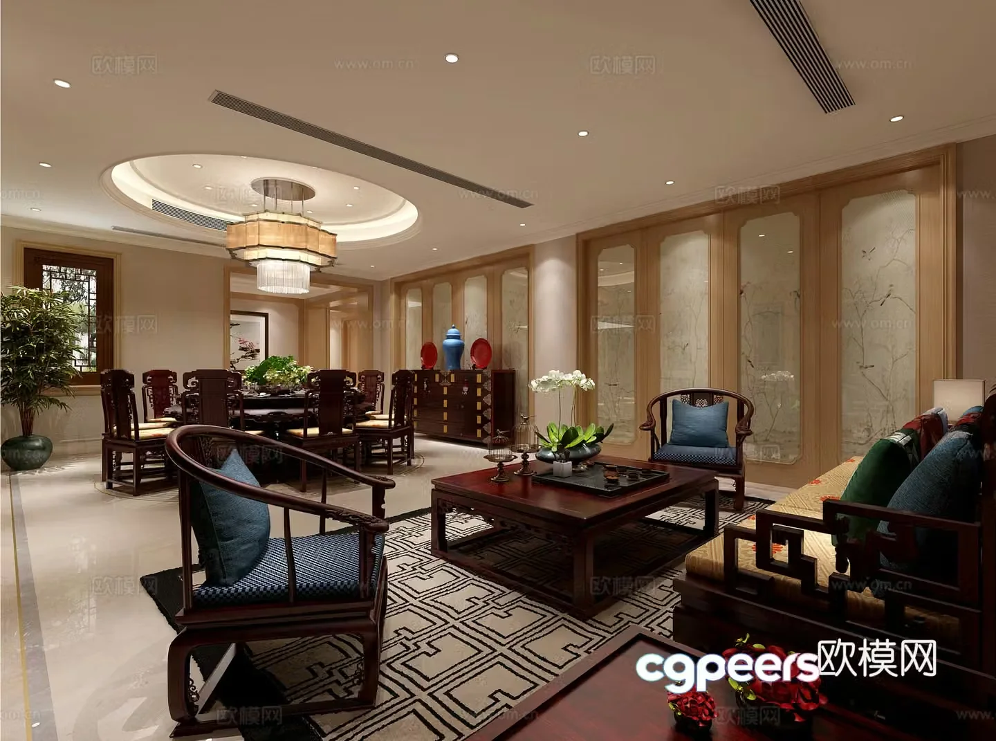 Simple Chinese living and dining room sofa coffee table carpet chandeliers ornaments TV cabinet electric 3D model