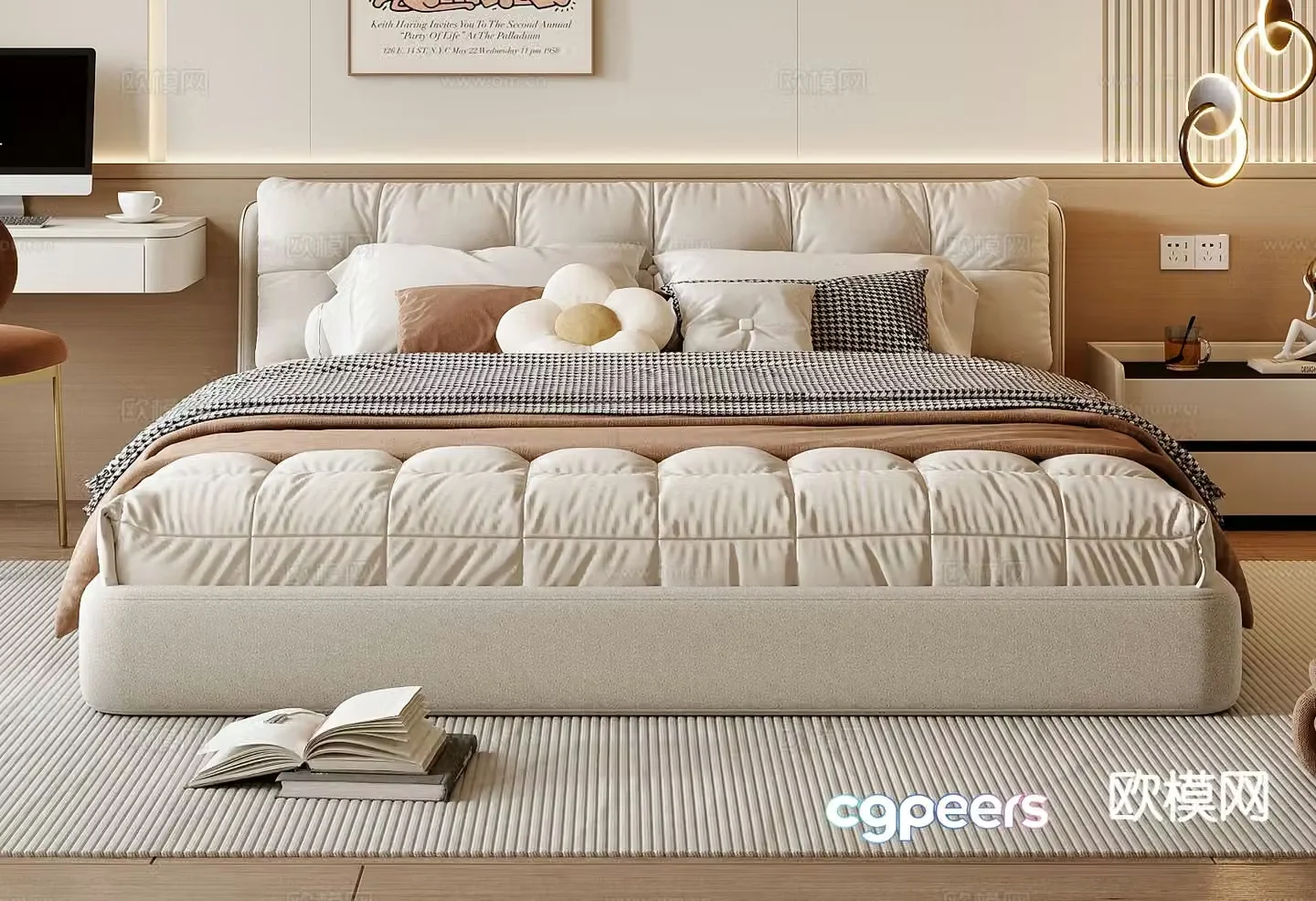 Cream style double bed 3d model