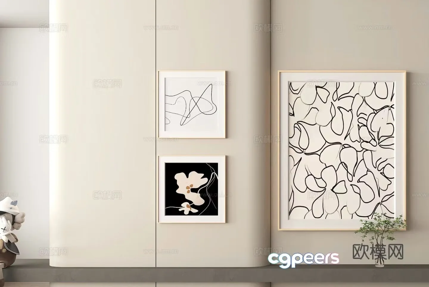 Simple decorative paintings of wall decoration black and white line paintings modern art hanging paintings abstract flower paintings 3D model