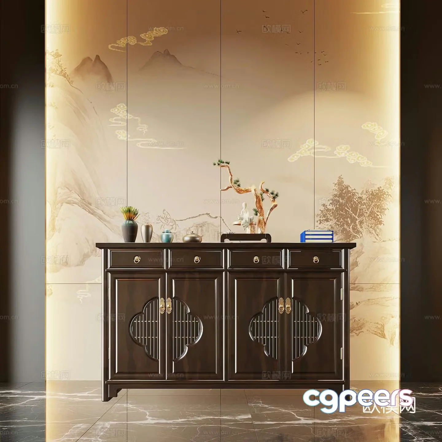 New Chinese style entrance hall end view cabinet entrance hall 3D model
