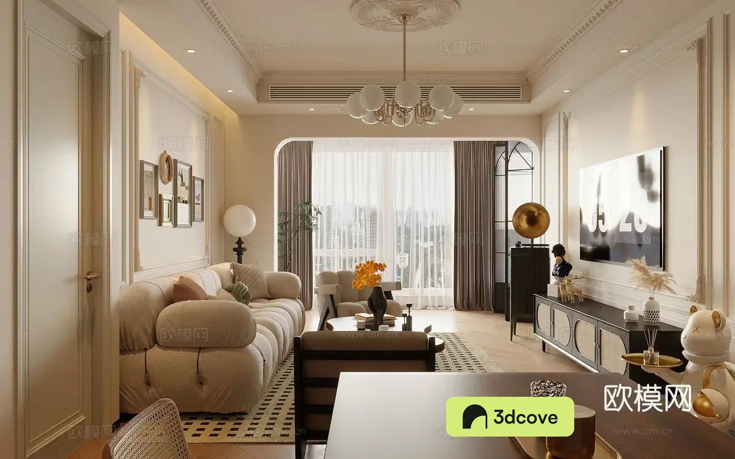 Middle style living room large flat floor living room sofa and coffee table combination middle style dining table and chair 3D model