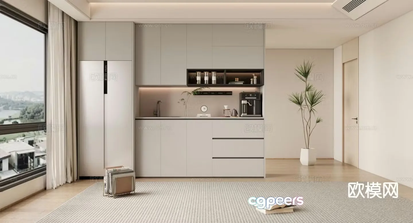 Cream style wine cabinet sideboard refrigerator cabinet 3D model