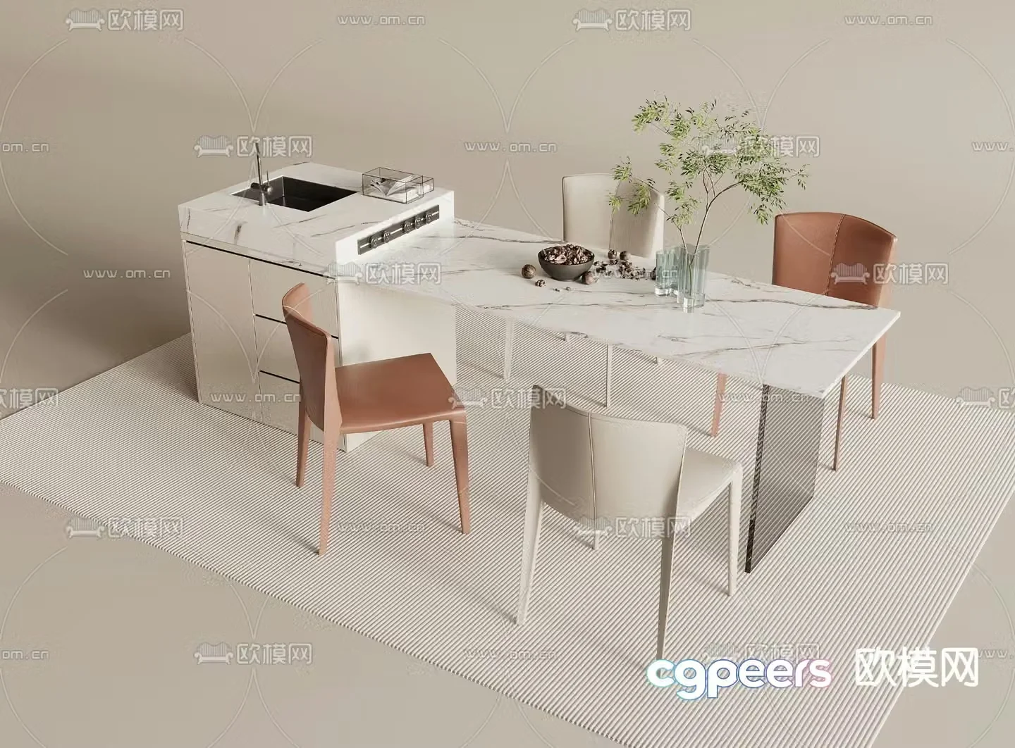 Cream style dining table and chairs island dining table 3d model