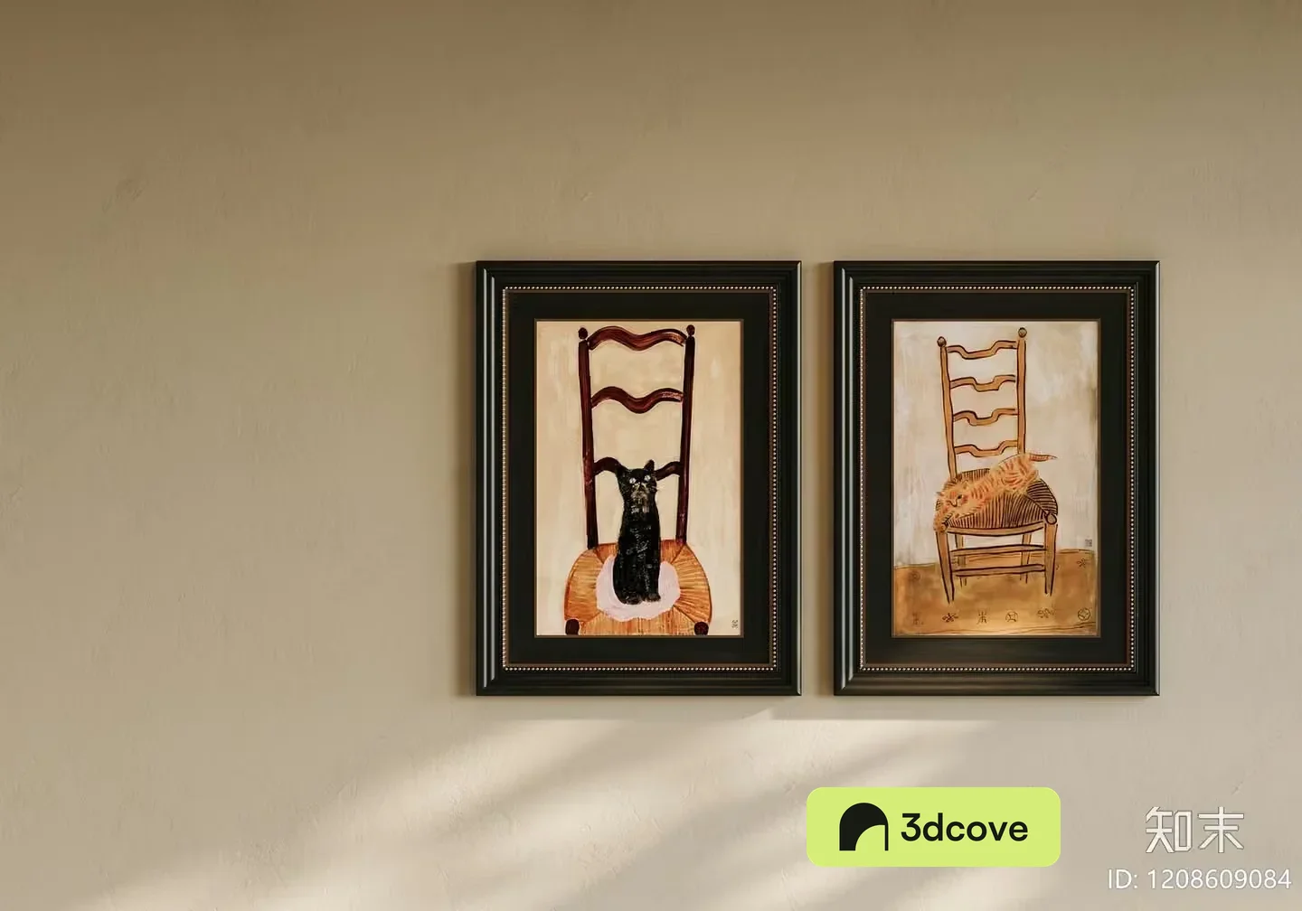 Two Framed Paintings Of Chairs On A Wall
