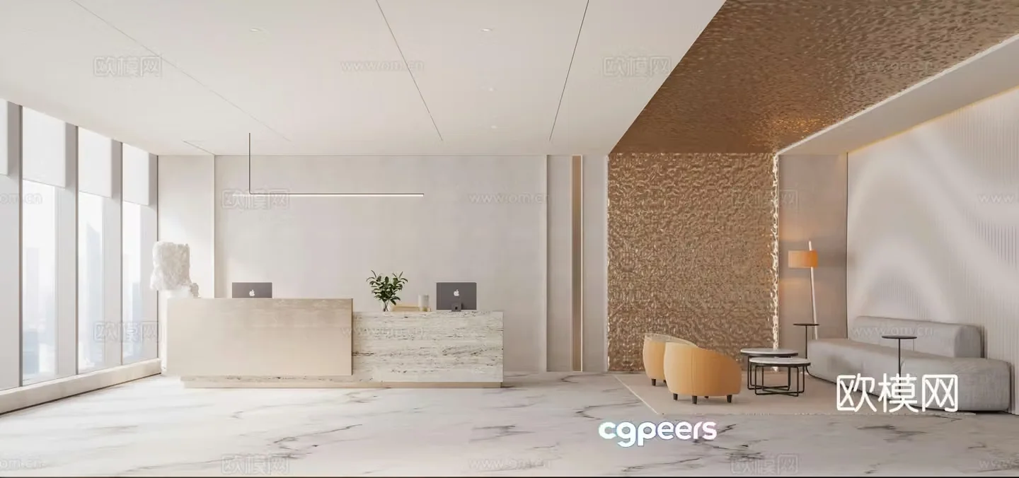 Front desk Service desk Reception area Living area Office 3D model
