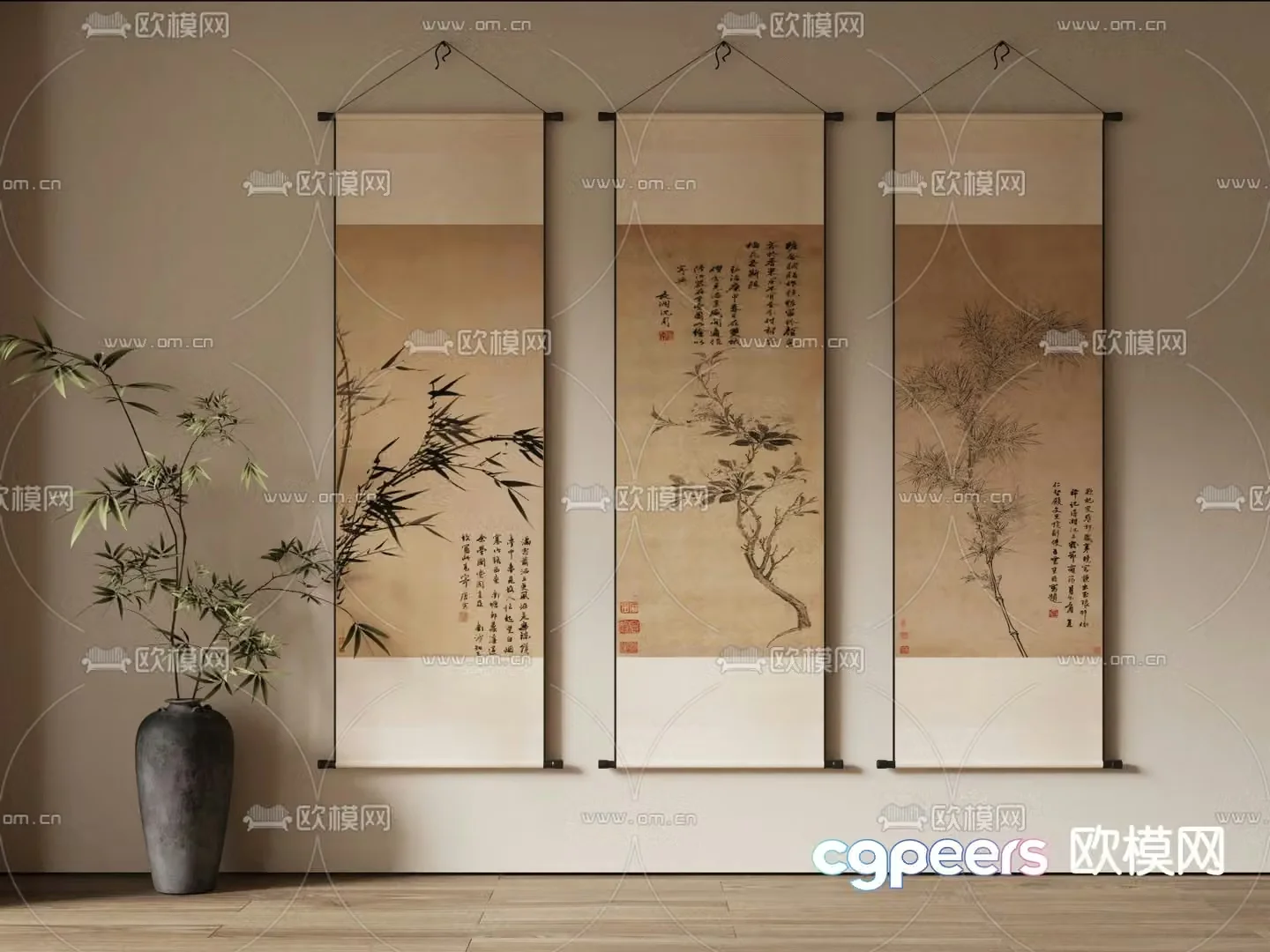New Chinese style decorative paintings scroll drawings 3D model